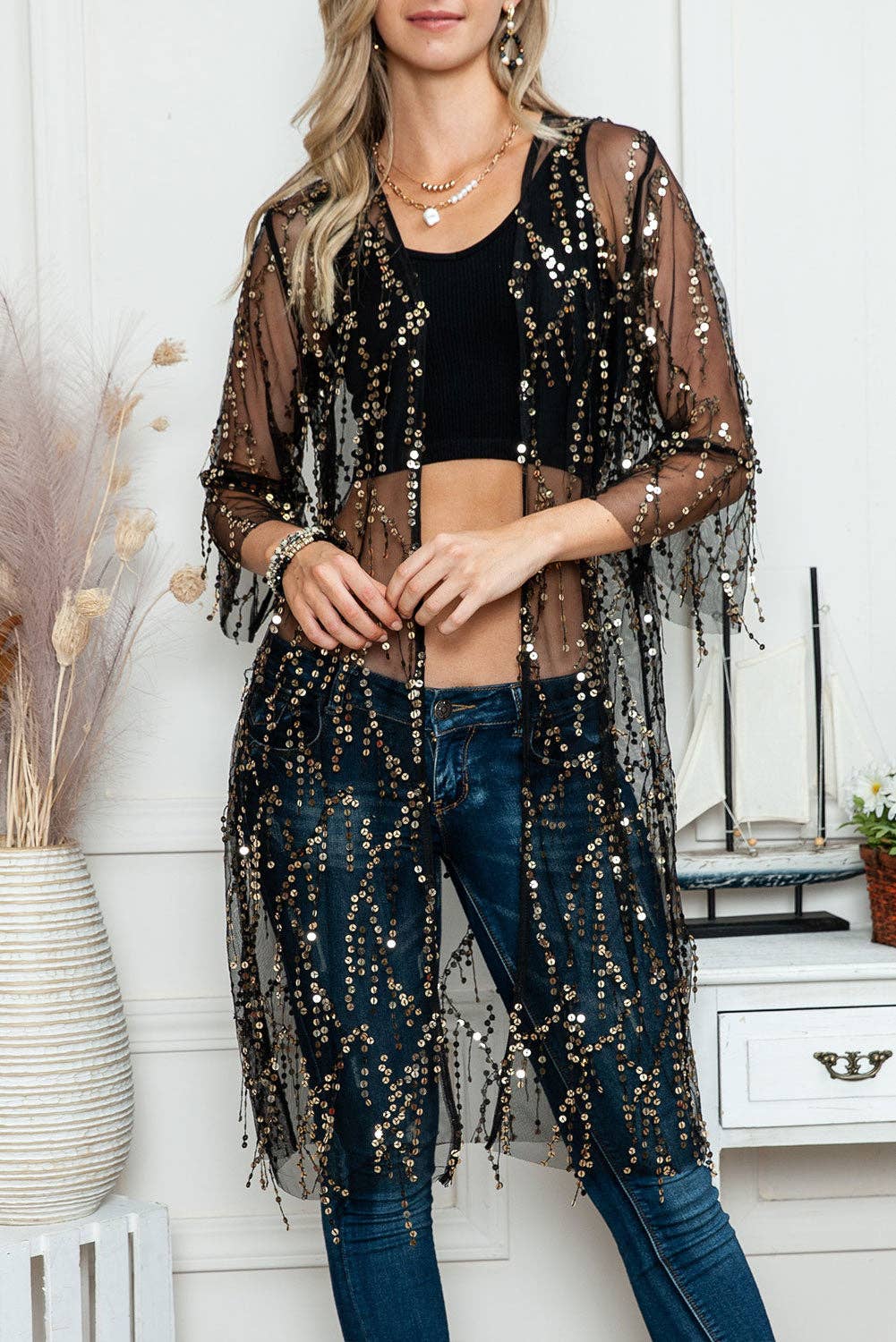 Black Sequin Kimono