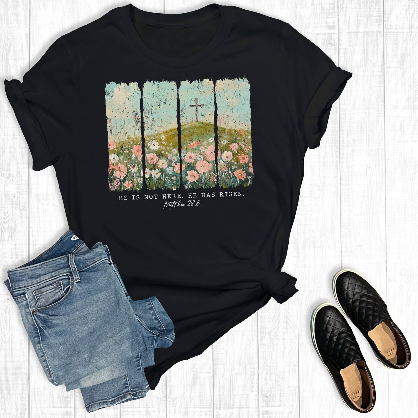 Retro He Is Risen Cross Graphic Tee: Black / S / Short Sleeve