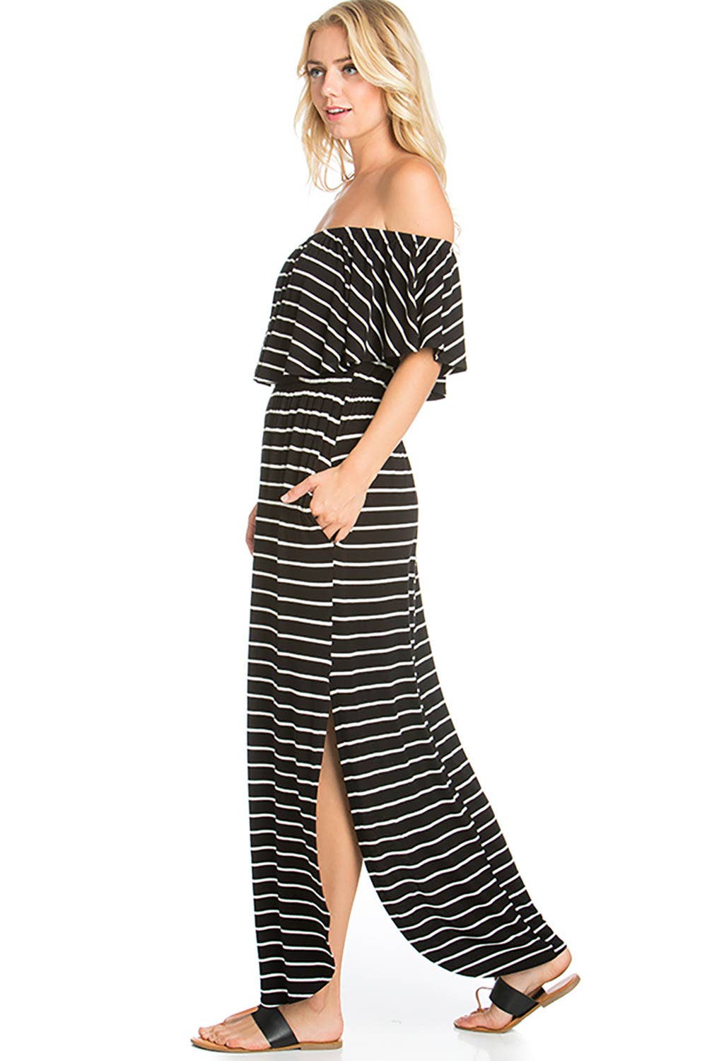 STRIPE OFF SHOULDER MAXI DRESS: BLACK/IVORY