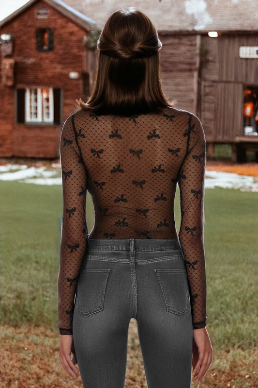 Fashion-W Bow Pattern Accent Mesh Long Sleeve Top