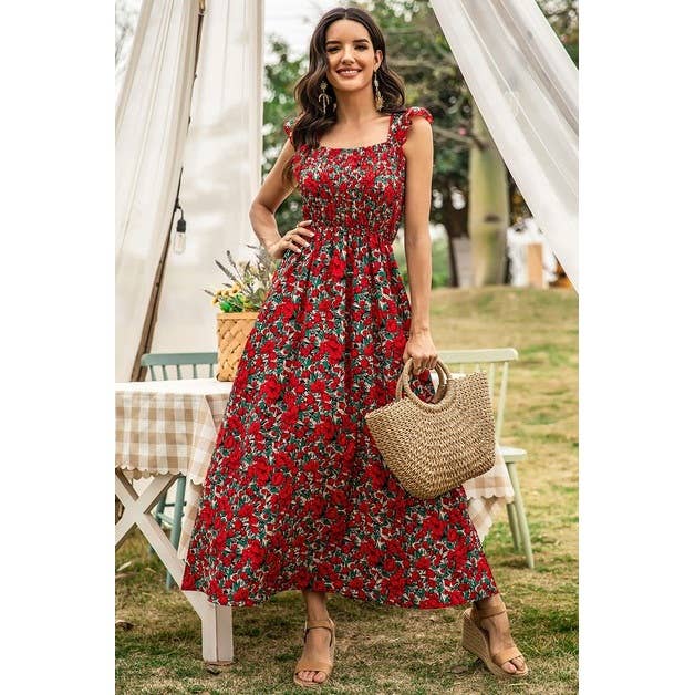 Floral Shirred Sleeveless High Waist A Line Dress: RED
