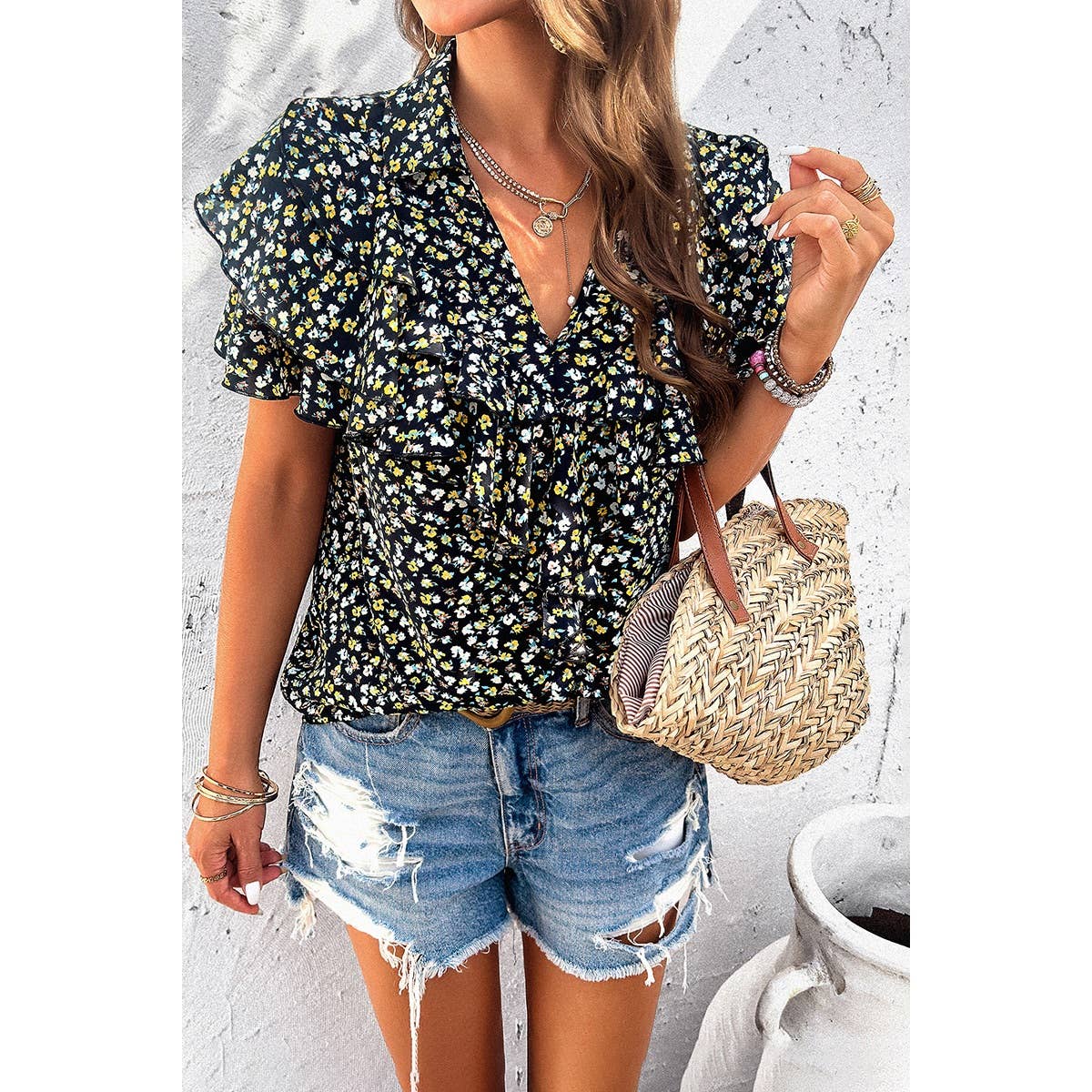 Black Floral Printed Ruffle Sleeve V Neck Loose Blouse