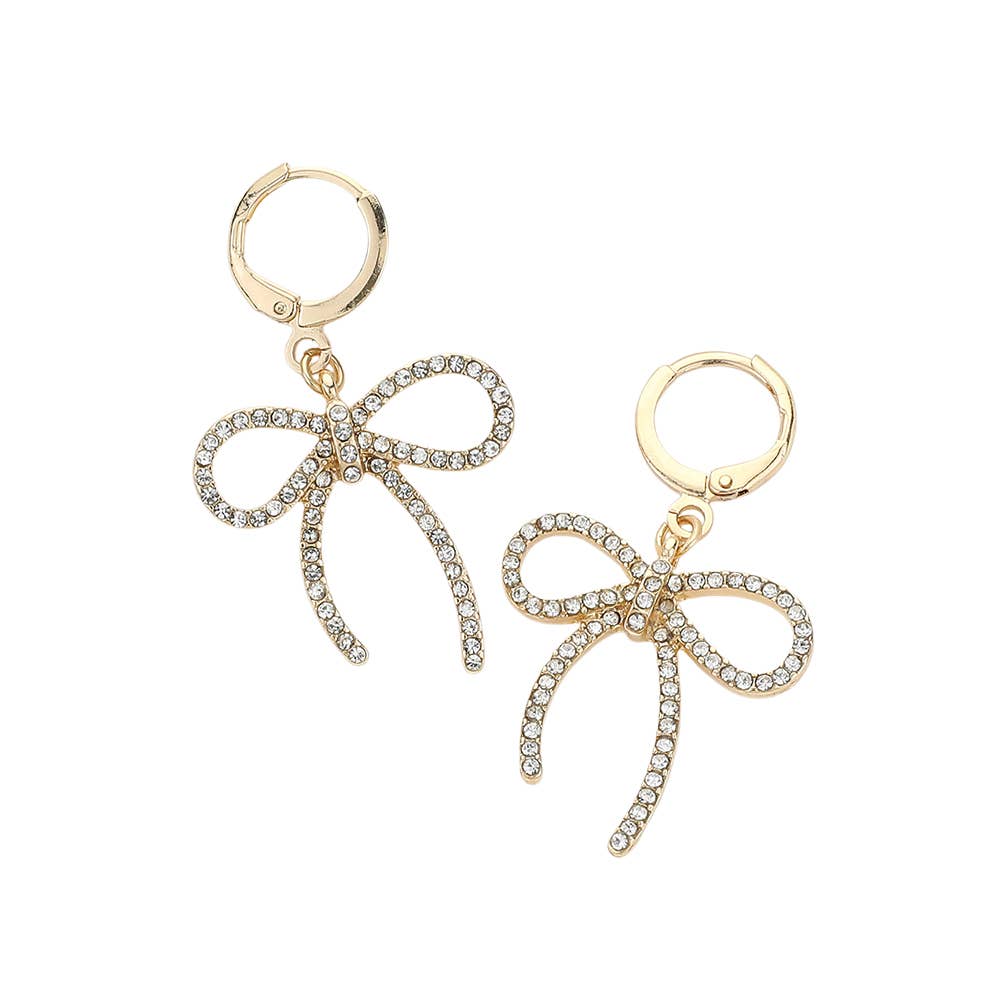 Stone Paved Bow Dangle Huggie Earrings: Yellow Gold