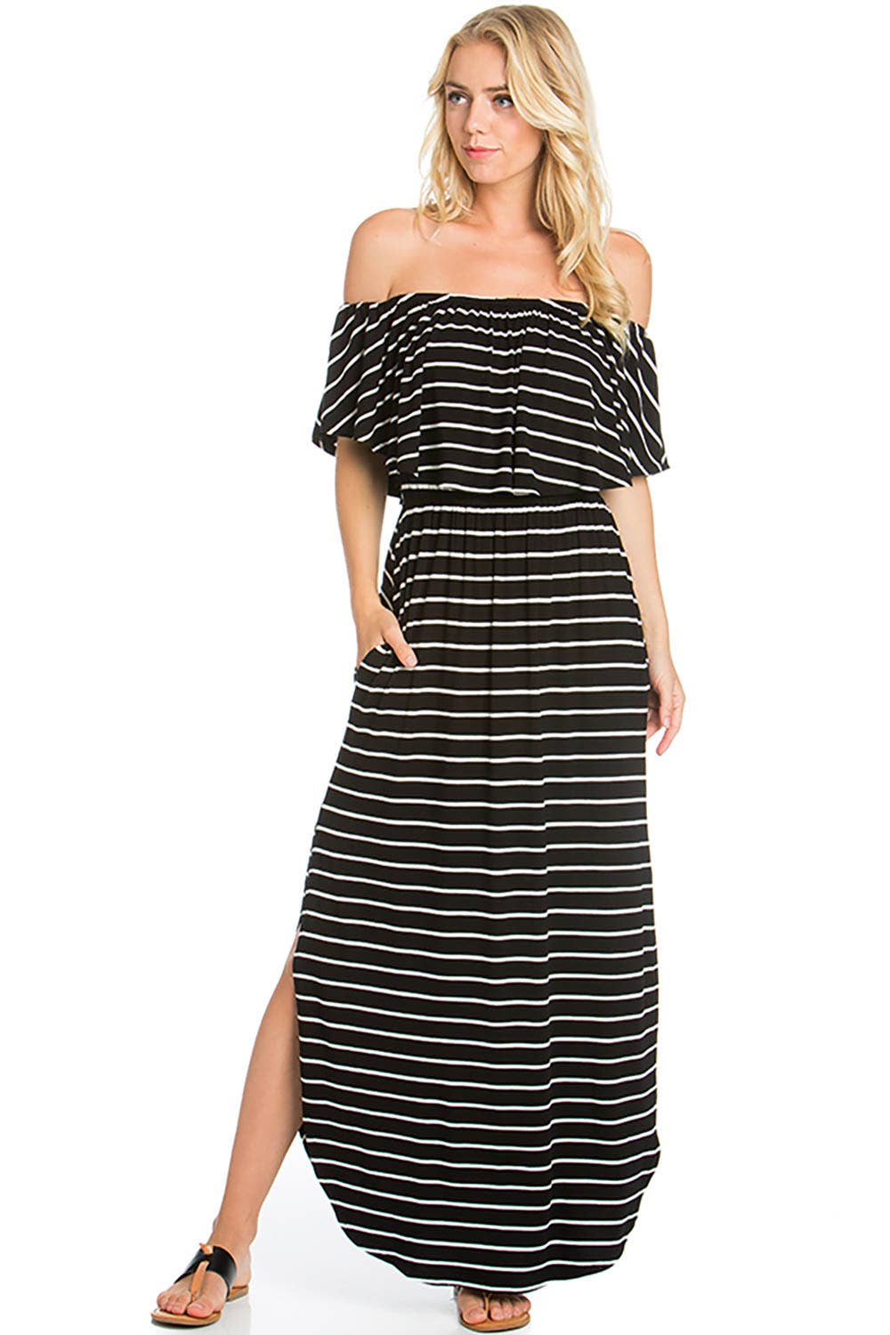 STRIPE OFF SHOULDER MAXI DRESS: BLACK/IVORY