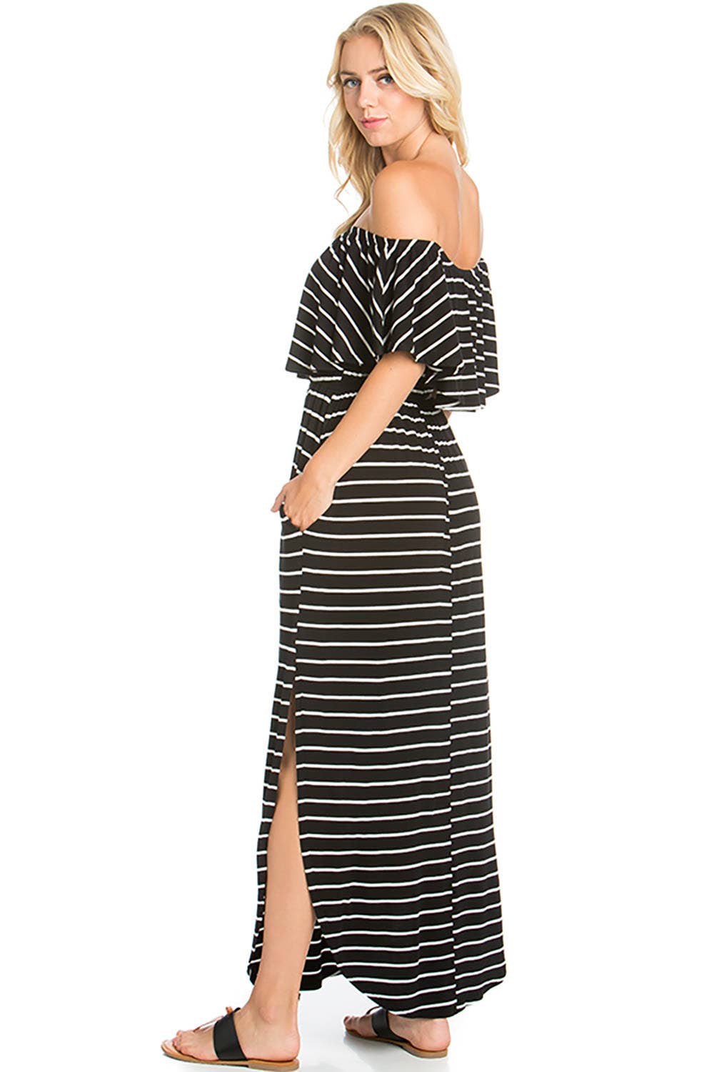 STRIPE OFF SHOULDER MAXI DRESS: BLACK/IVORY