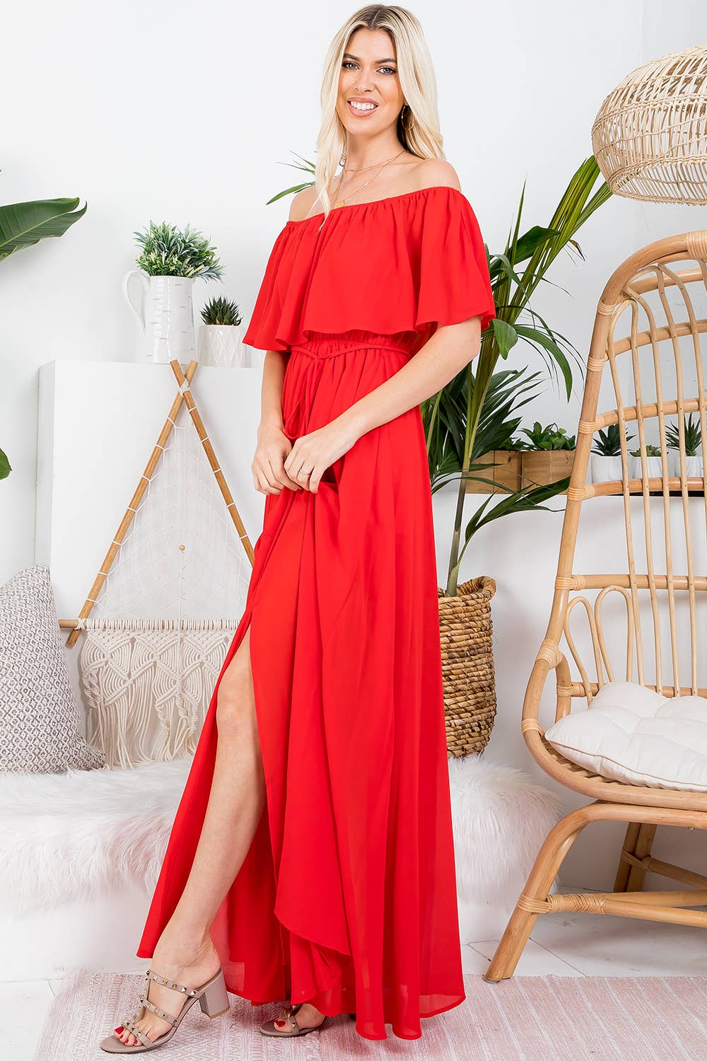OFF-SHOULDER MAXI DRESS: POPPY RED