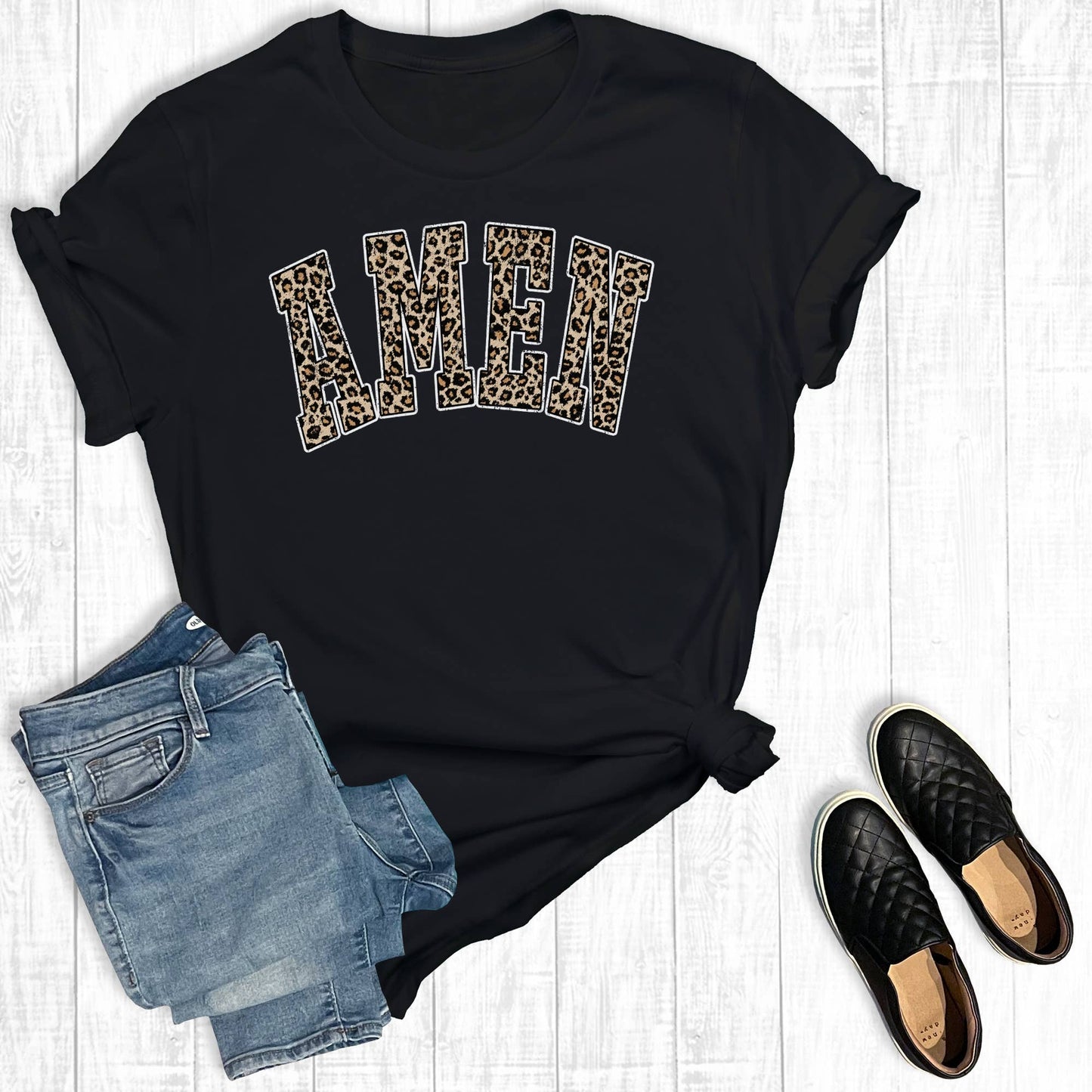 Christian Leopard Amen Graphic Tee: Black