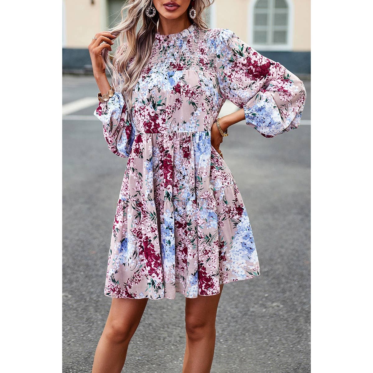 Floral Print Tiered Sleeve Ruffle Hem Smock Dress: PINK