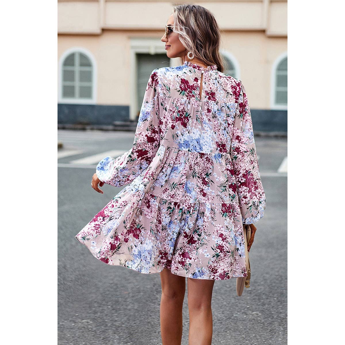 Floral Print Tiered Sleeve Ruffle Hem Smock Dress: PINK