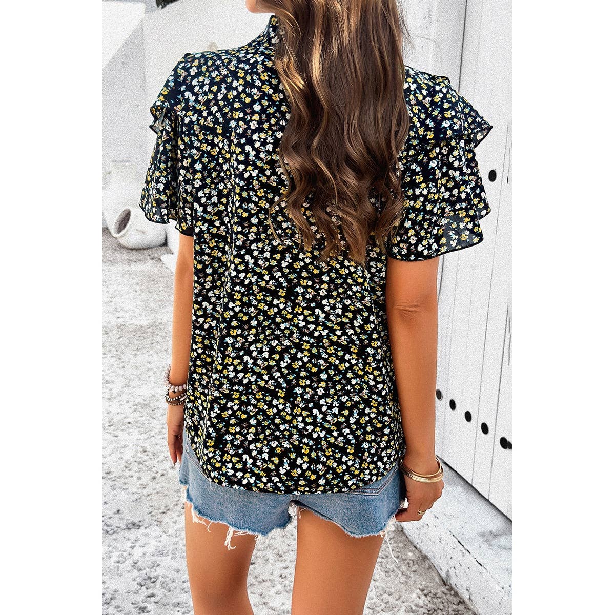 Black Floral Printed Ruffle Sleeve V Neck Loose Blouse