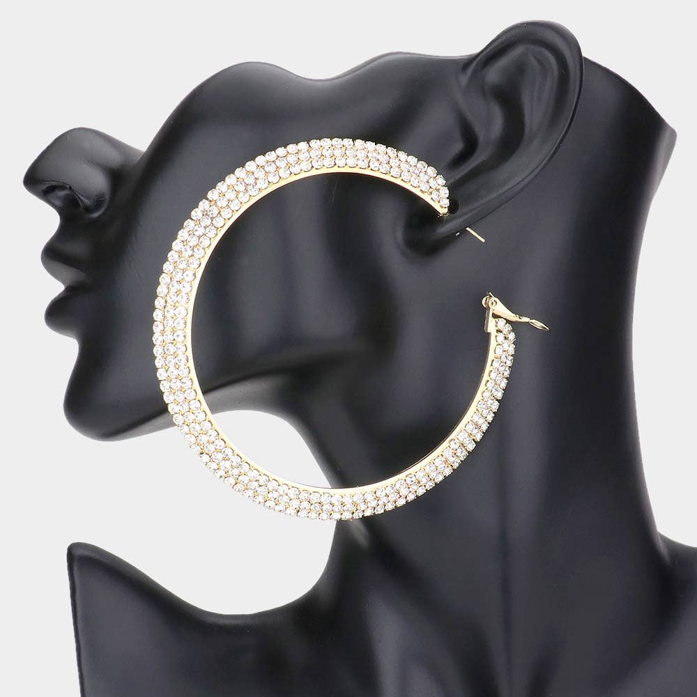 Crystal Rhinestone 3.25 Inch Hoop Earrings
: Gold