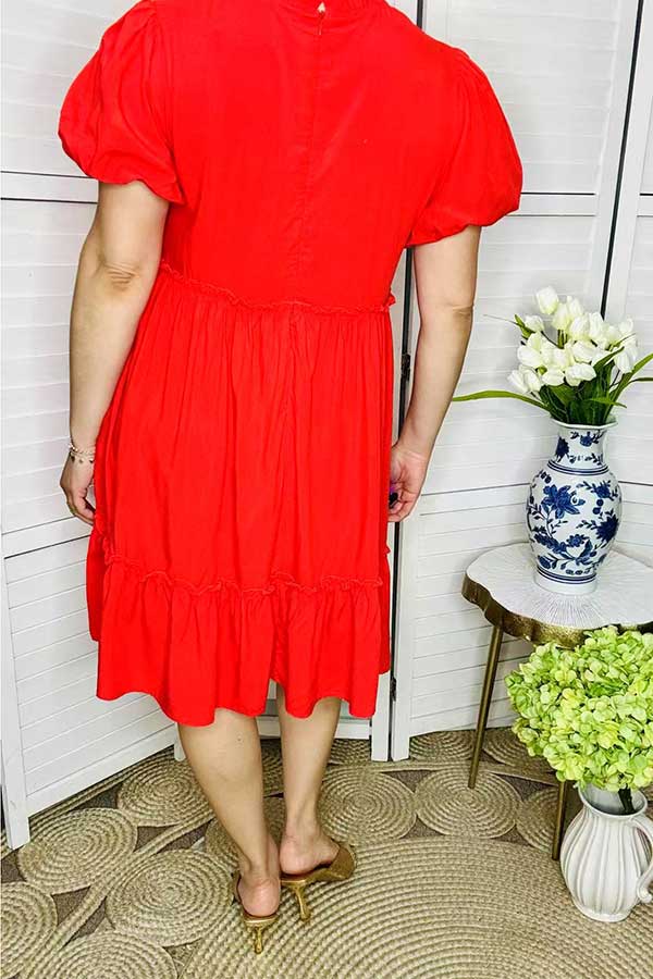 Short sleeve red tiered women's dress