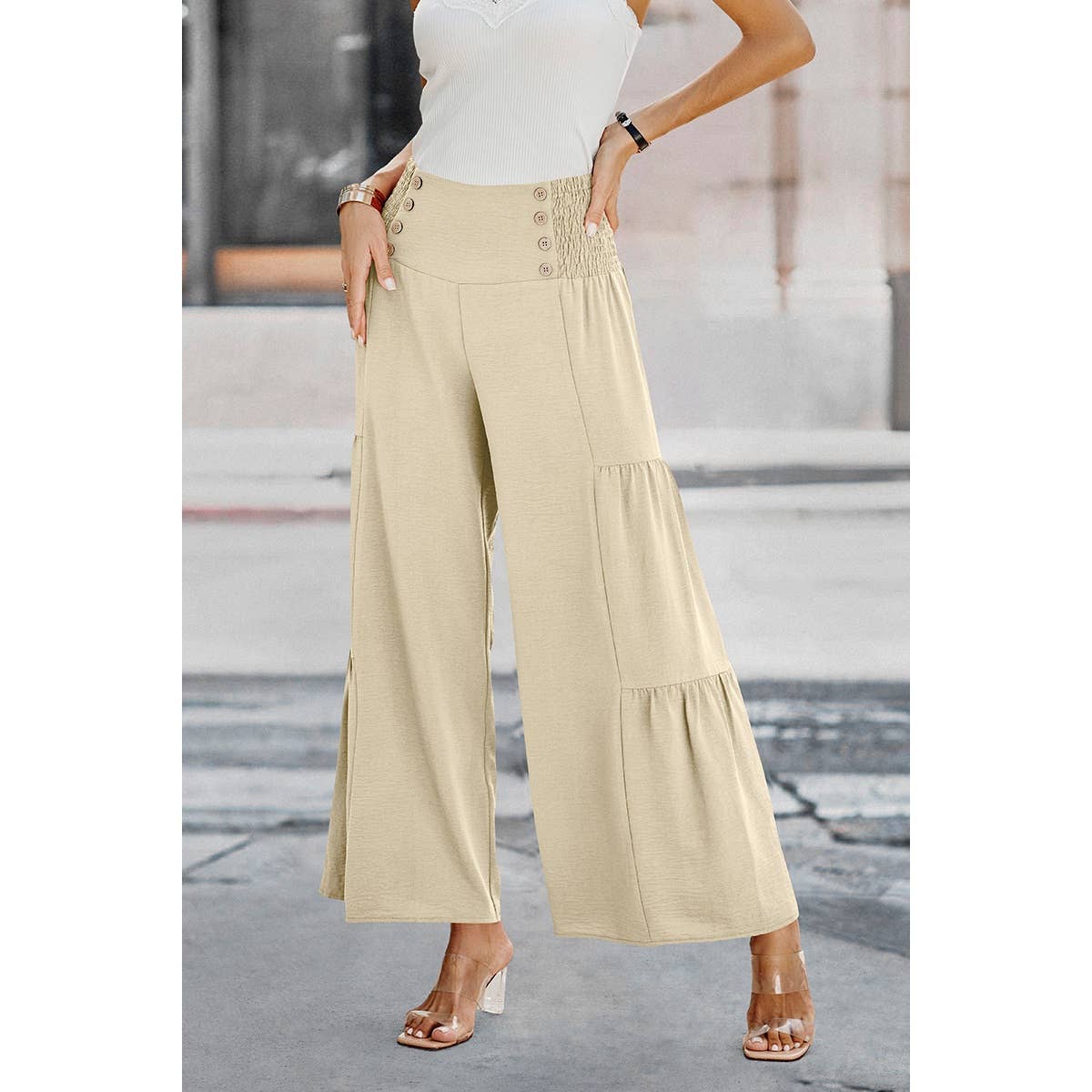 Solid Ruffle Button Wide Leg Pant