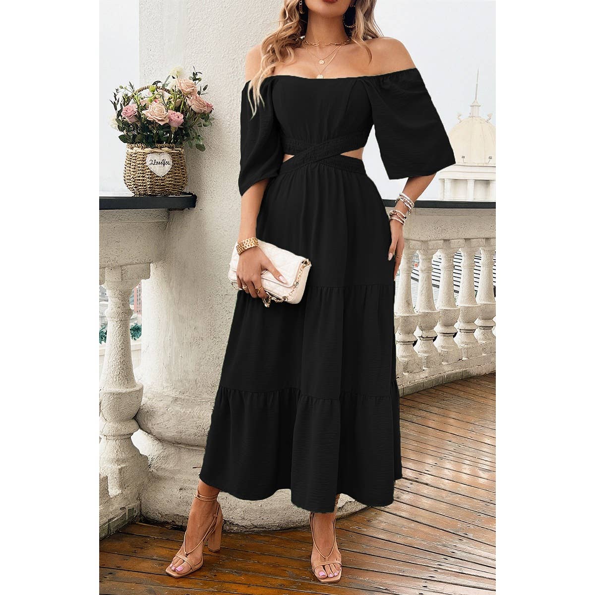 Solid Square Neck Cut Out Cross Ruffle Dress: BLACK