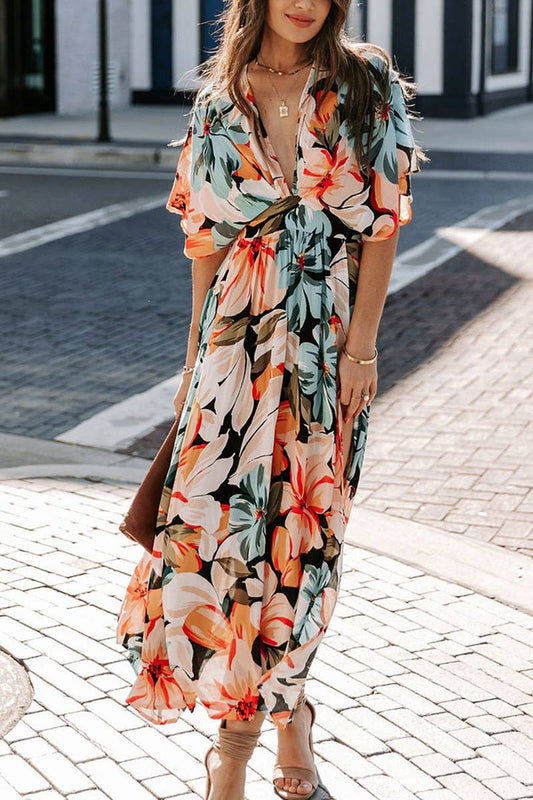 High waist fashion print V-neck high slit waist dress