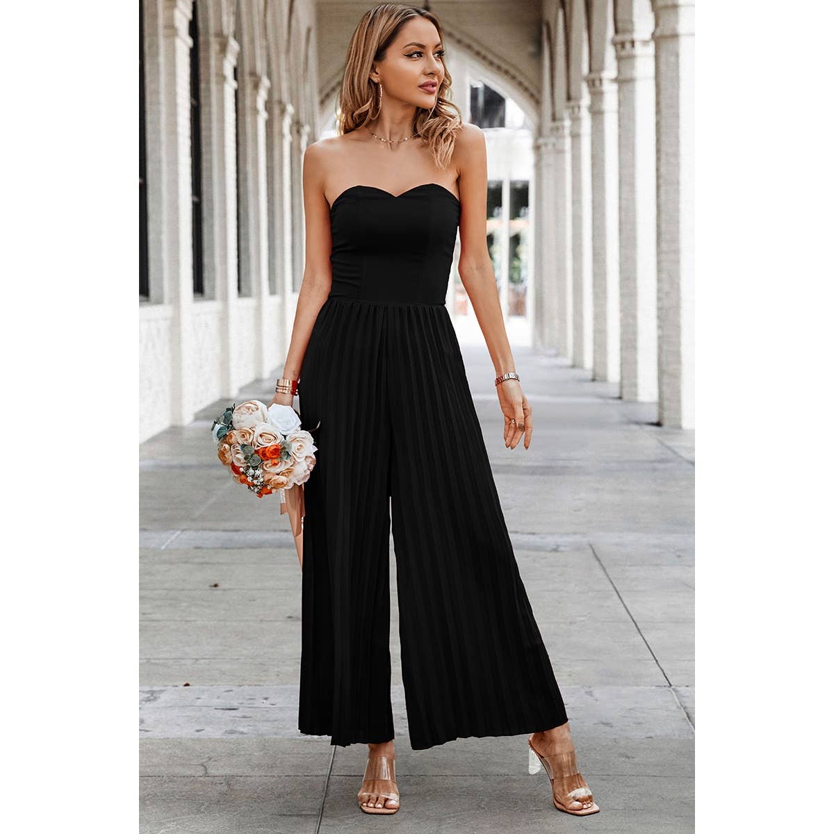 Sleeveless Off Shoulder Ruffle Solid Wide Leg Jumpsuit
