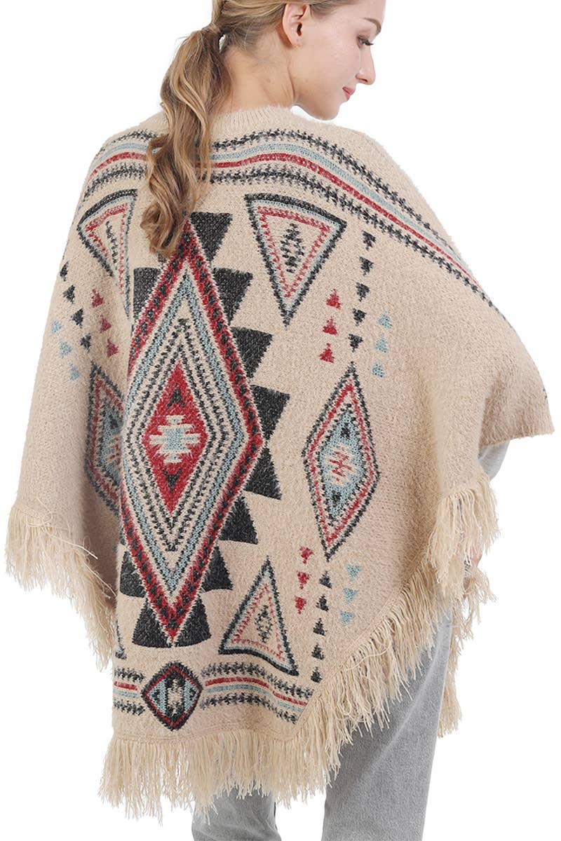 Aztec Tribal Print Knitted Pullover Sweater Poncho