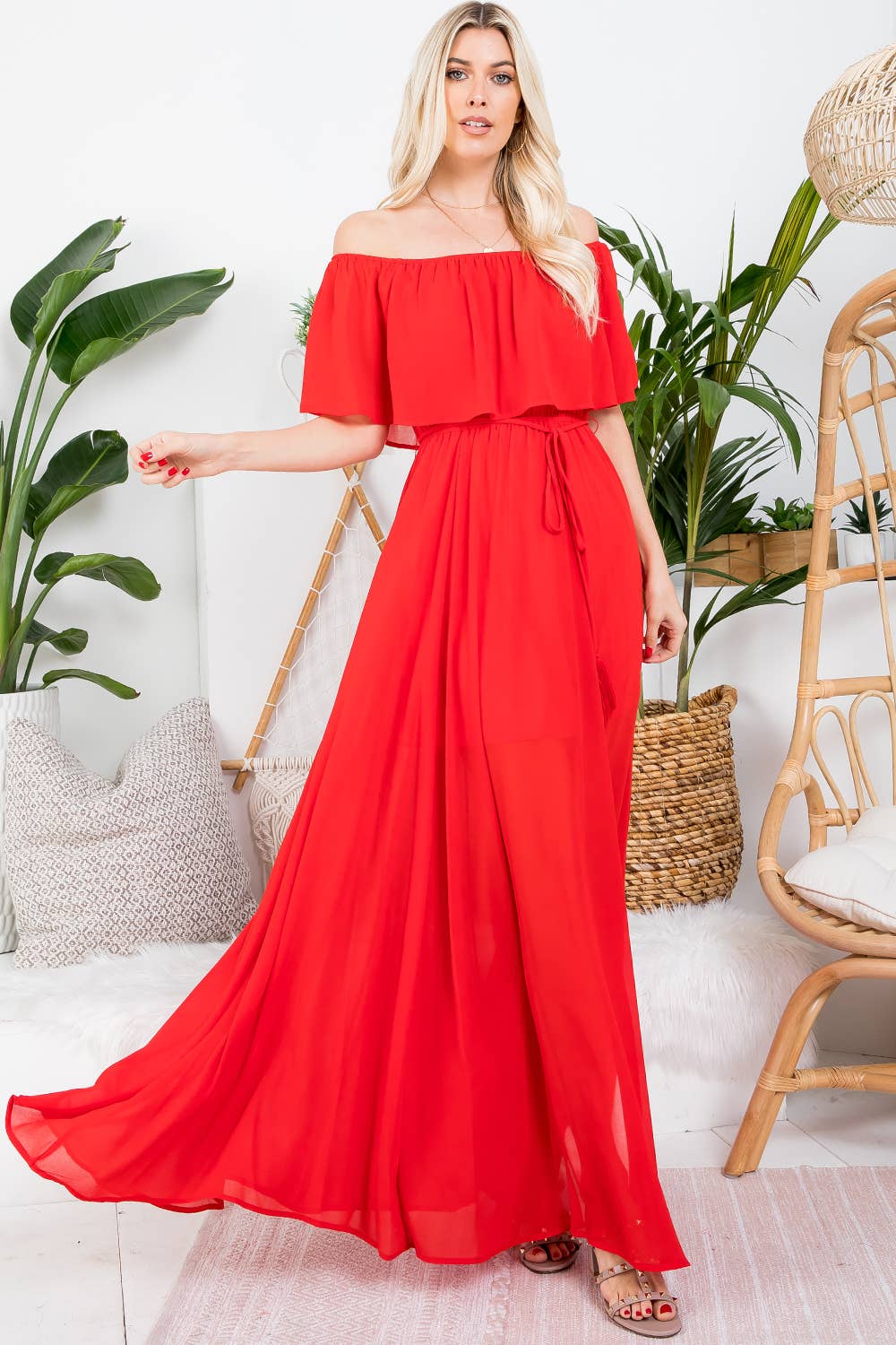 OFF-SHOULDER MAXI DRESS: POPPY RED