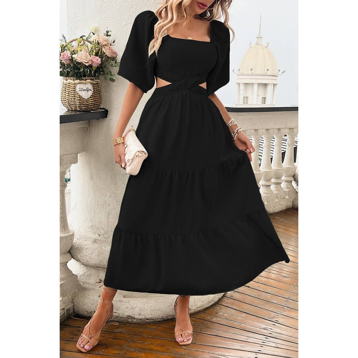 Solid Square Neck Cut Out Cross Ruffle Dress: BLACK