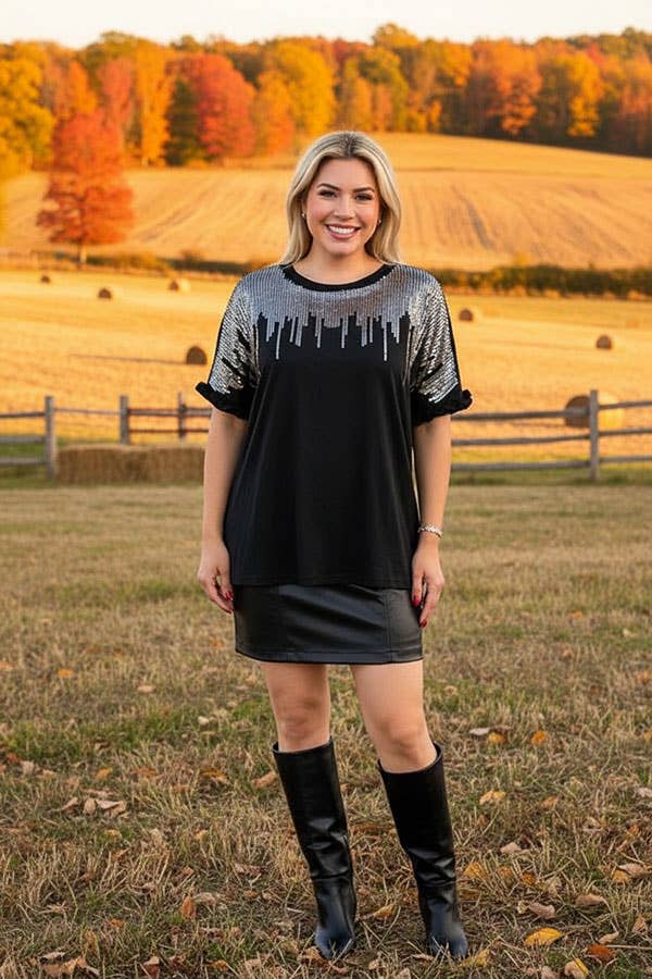 Silver sequin & black short sleeve women top
