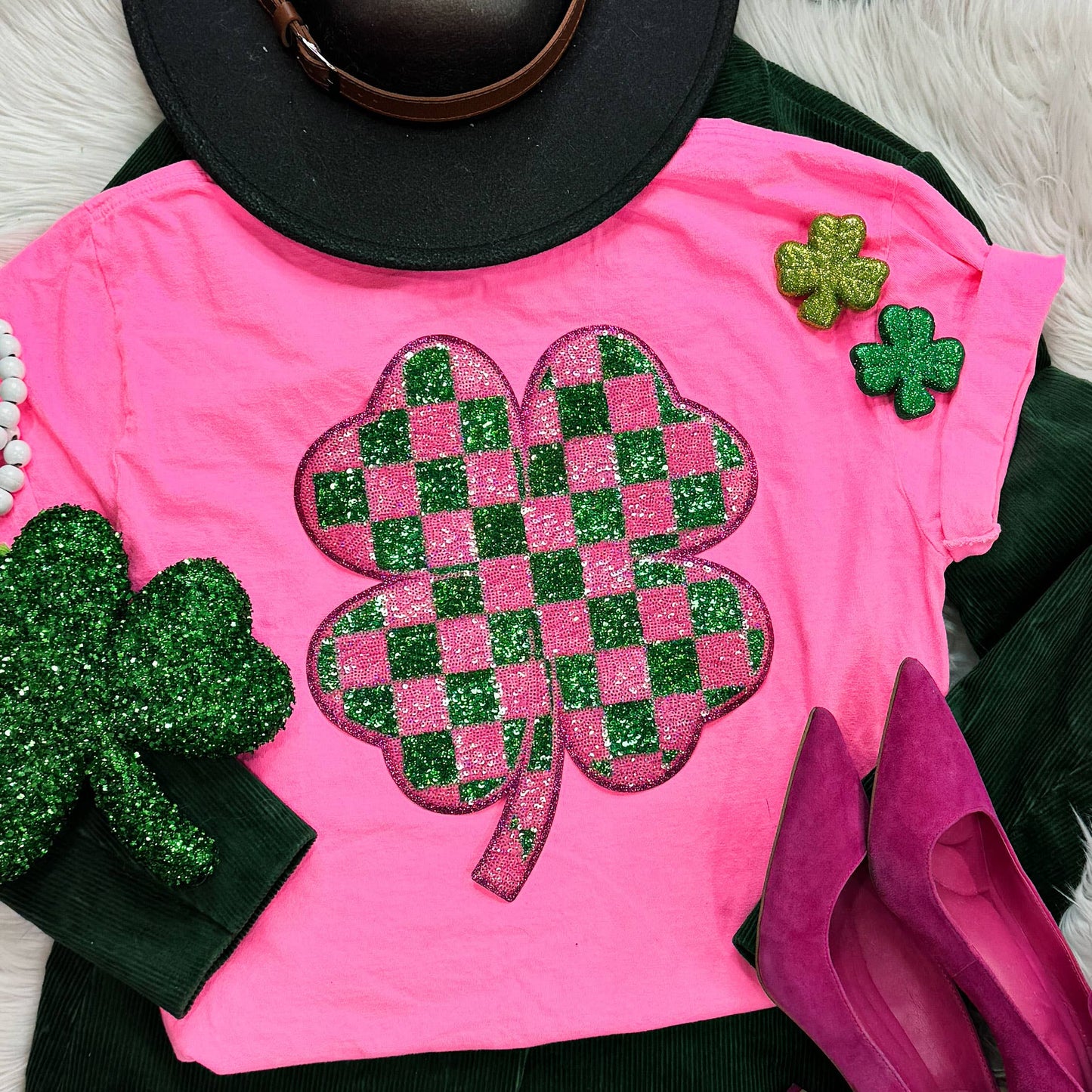 Checkered Shamrock Sequin Patch Neon Pink Pigment Dyed Tee