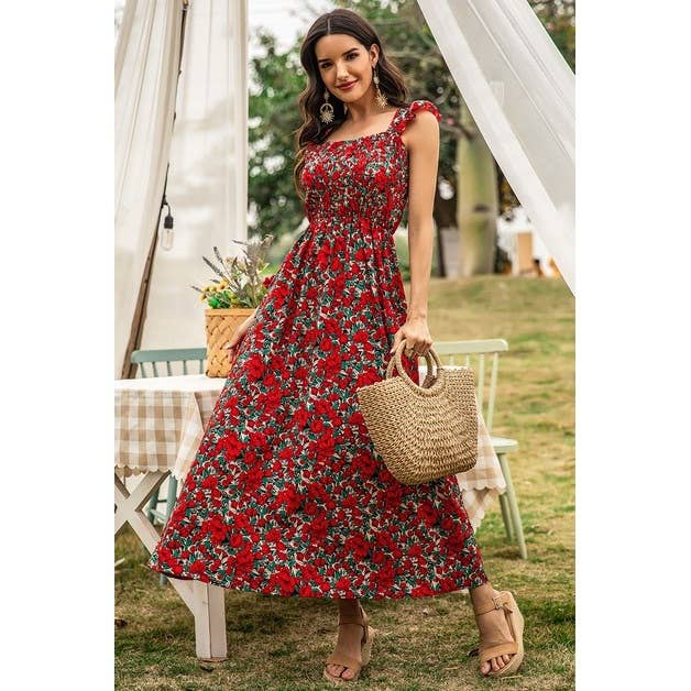 Floral Shirred Sleeveless High Waist A Line Dress: RED