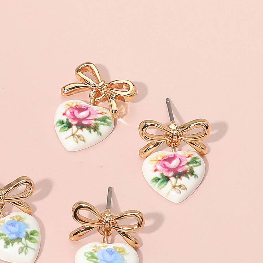 Floral Heart Ceramic Dangle Bow Earrings: Gold,Pink