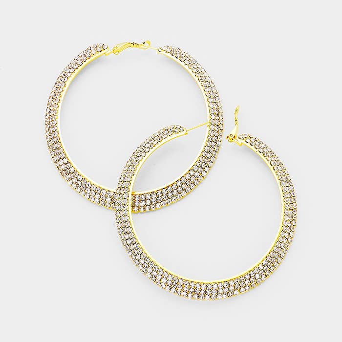 Crystal Rhinestone 3.25 Inch Hoop Earrings
: Gold