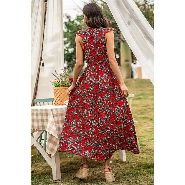 Floral Shirred Sleeveless High Waist A Line Dress: RED