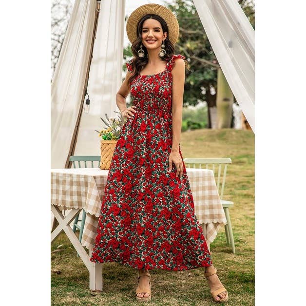 Floral Shirred Sleeveless High Waist A Line Dress: RED