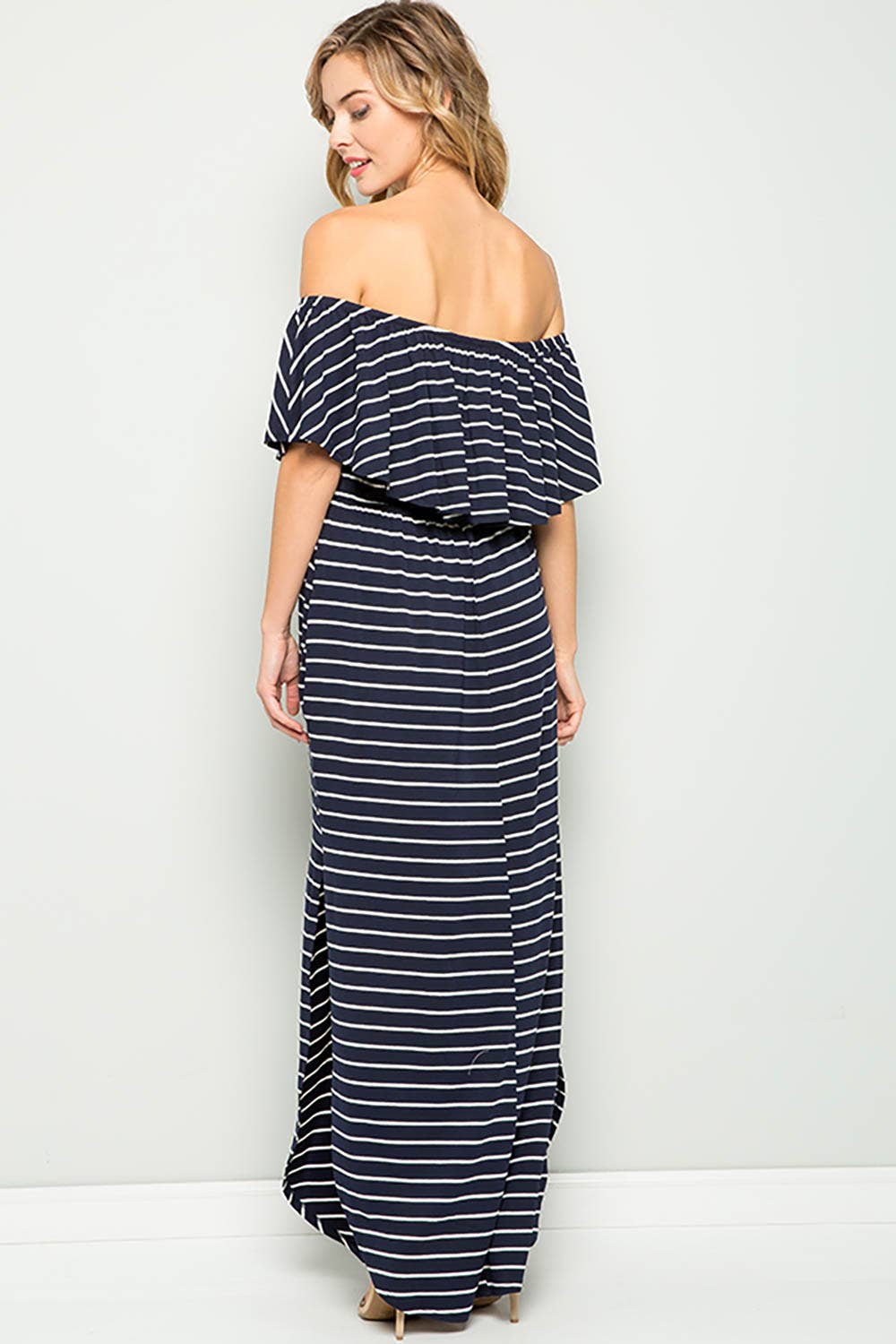 STRIPE OFF SHOULDER MAXI DRESS: BLACK/IVORY