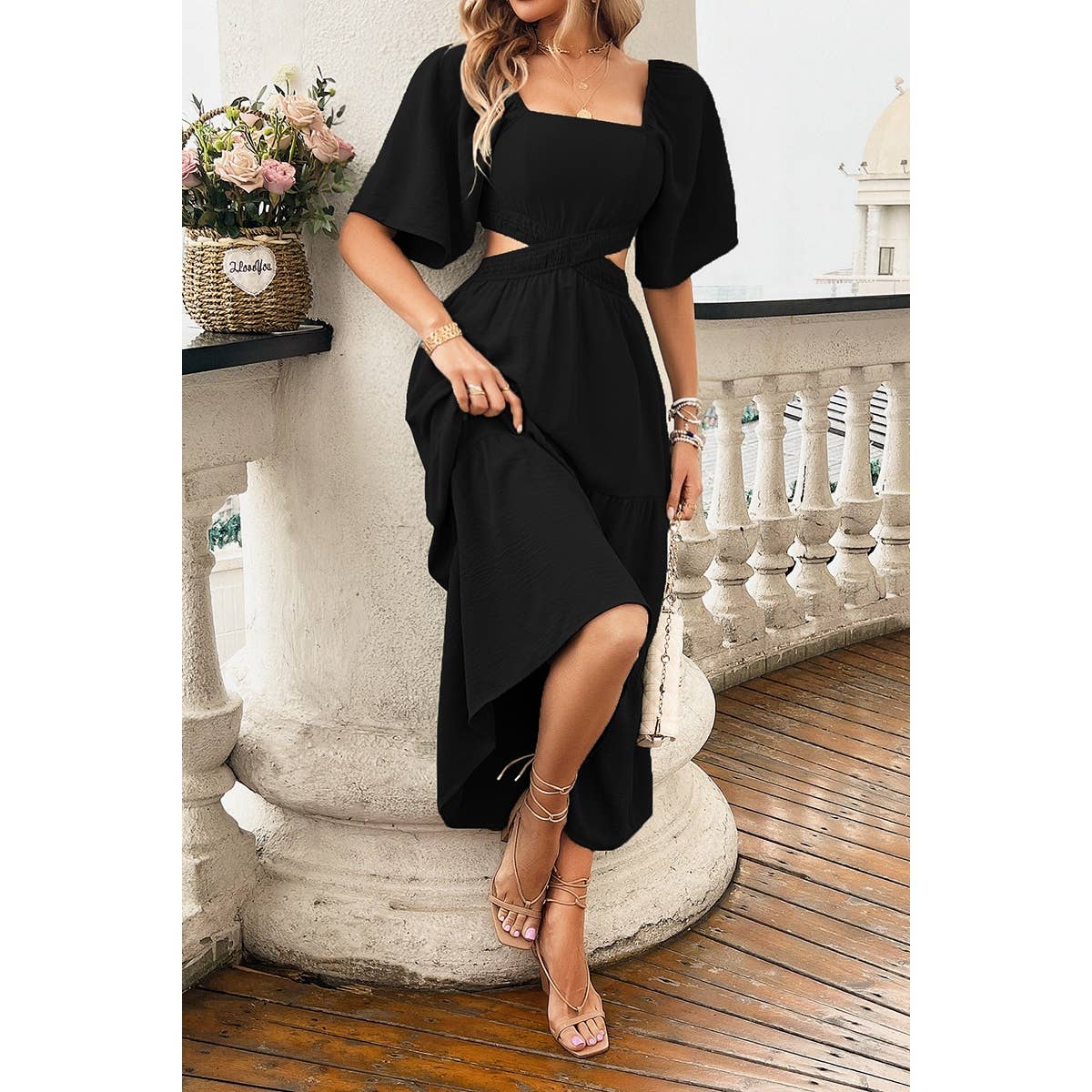 Solid Square Neck Cut Out Cross Ruffle Dress: BLACK