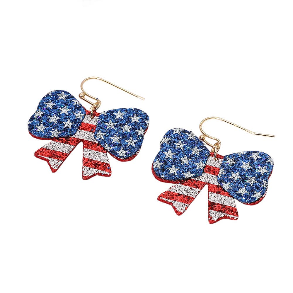 Glittered American USA Flag Bow Dangle Earrings