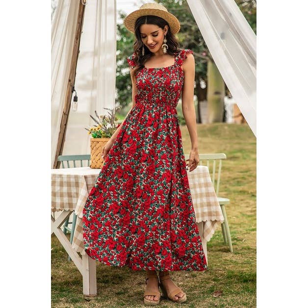 Floral Shirred Sleeveless High Waist A Line Dress: RED