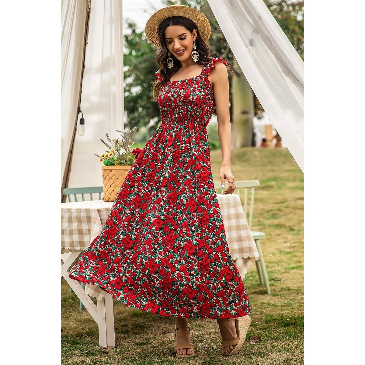 Floral Shirred Sleeveless High Waist A Line Dress: RED