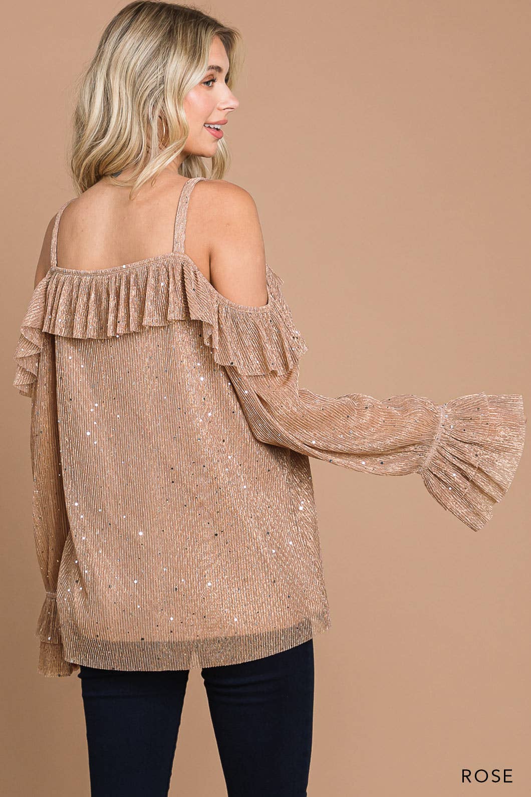 Women's Metallic Sequin Off Shoulder Ruffle Top
