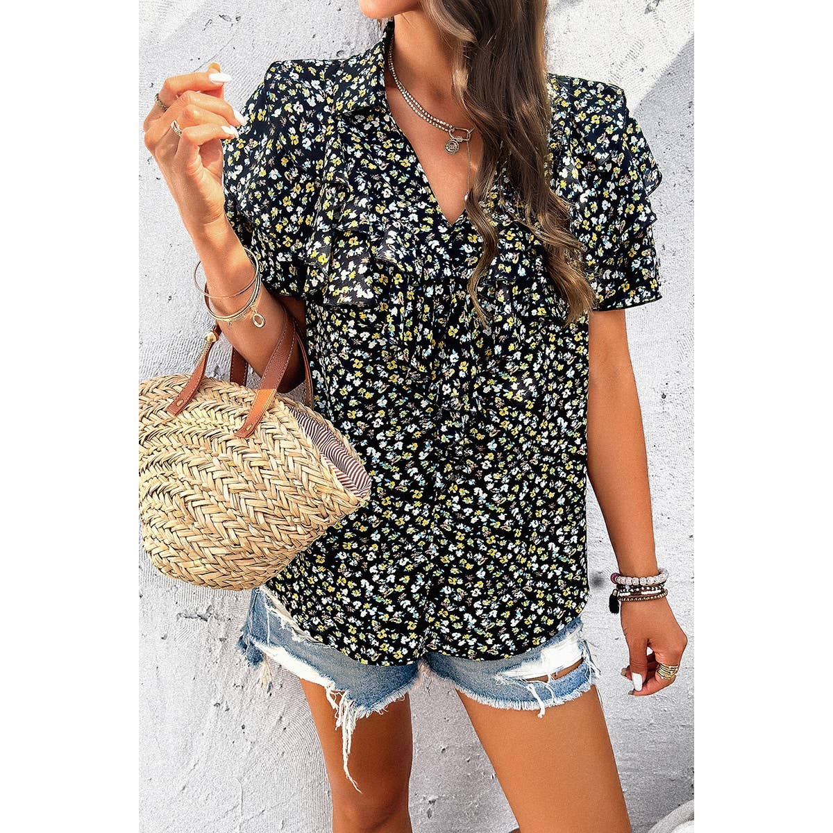 Black Floral Printed Ruffle Sleeve V Neck Loose Blouse
