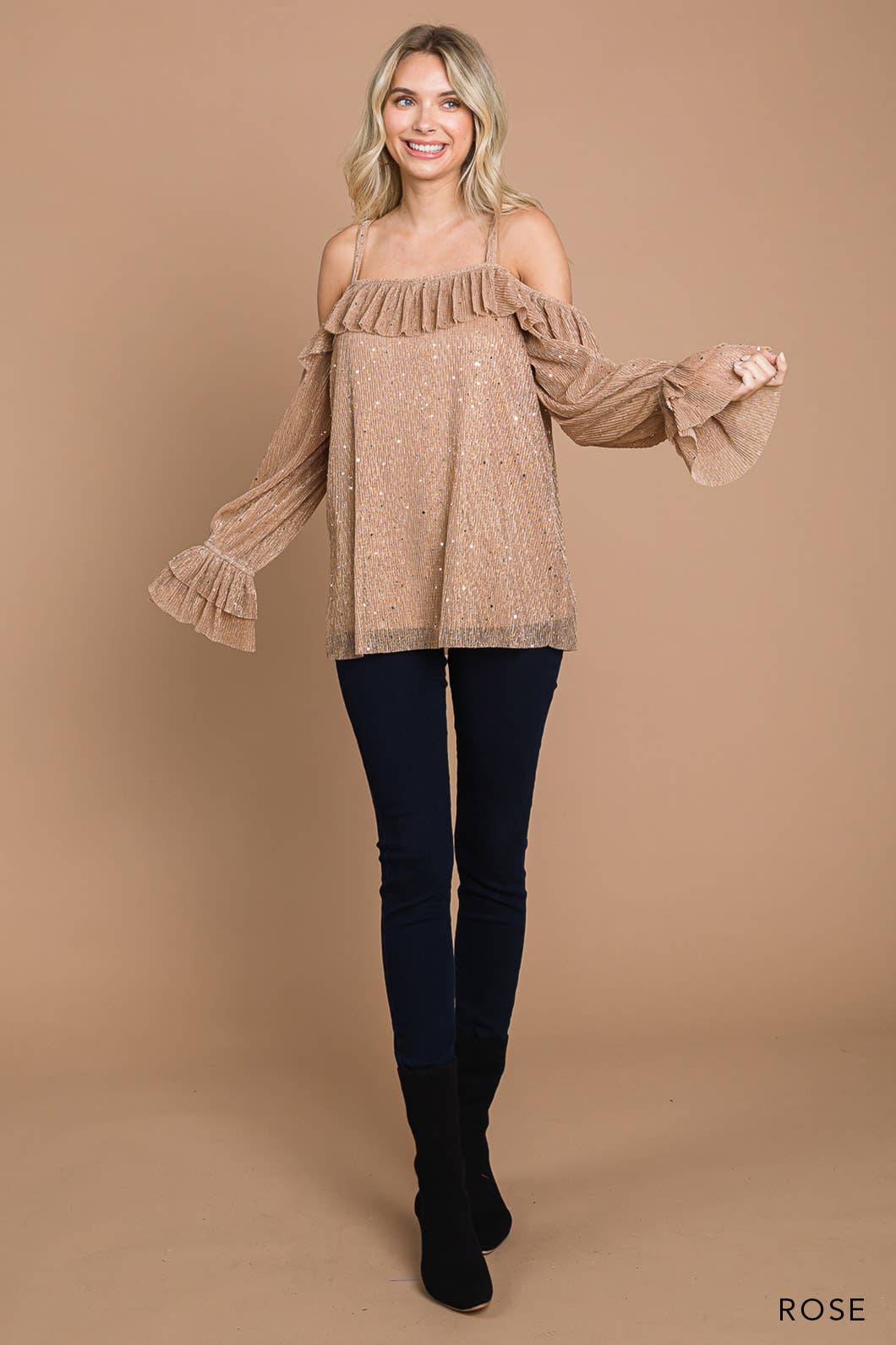 Women's Metallic Sequin Off Shoulder Ruffle Top