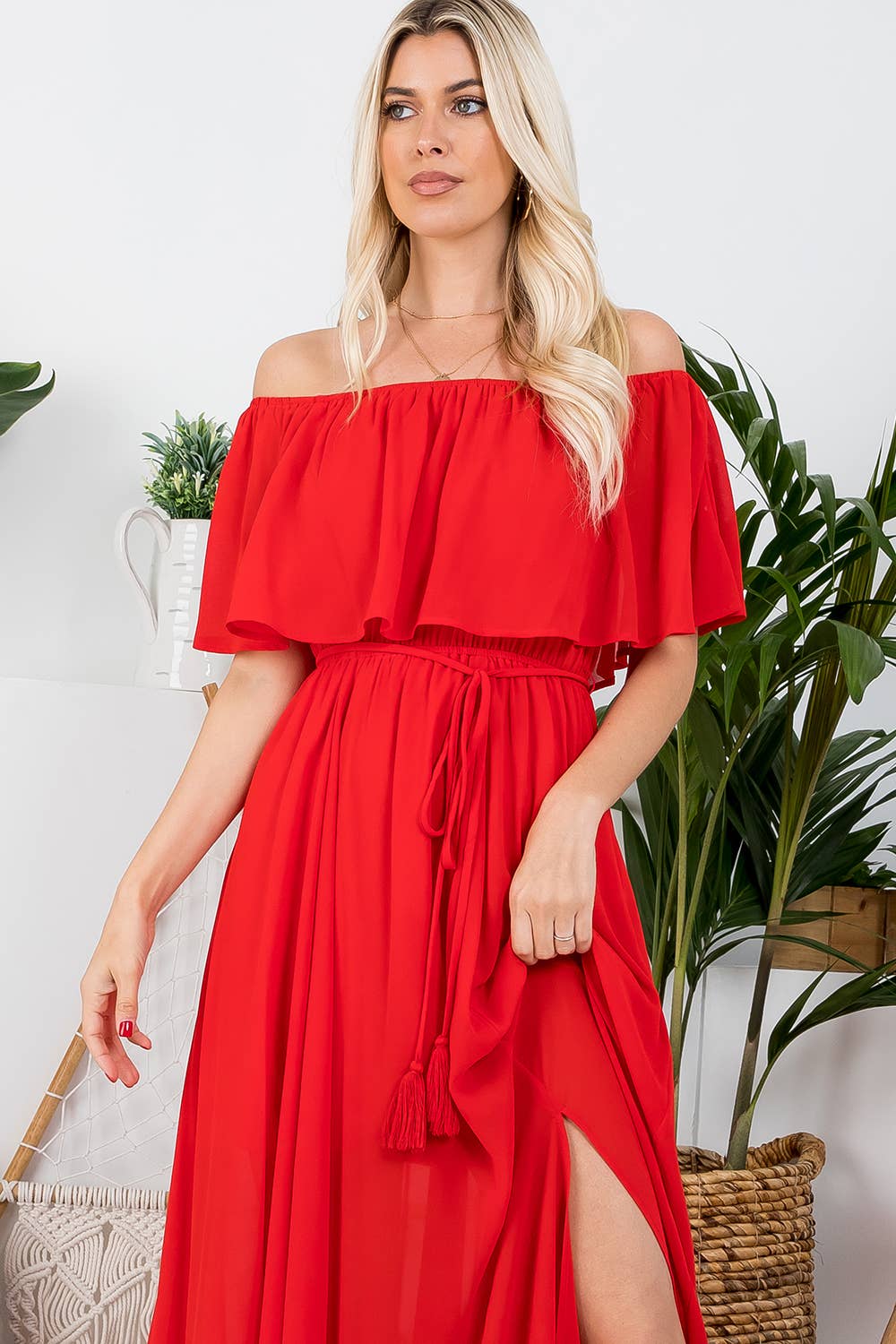 OFF-SHOULDER MAXI DRESS: POPPY RED
