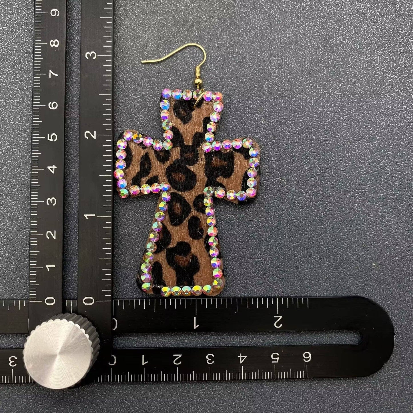 Rhinestone Leopard Print PU Leather Cross Dangle Earrings