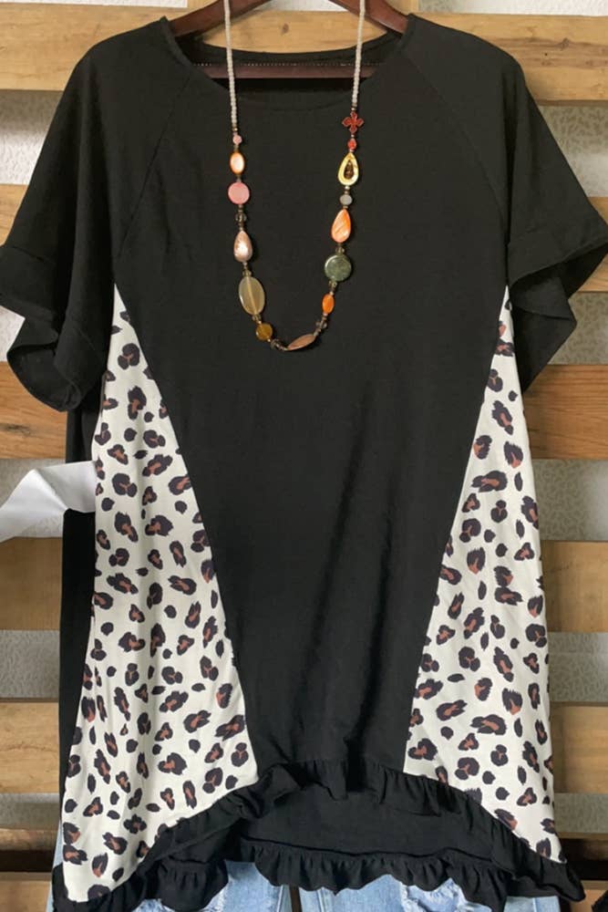 O-neck Short Sleeve Leopard Stitching Top: Black