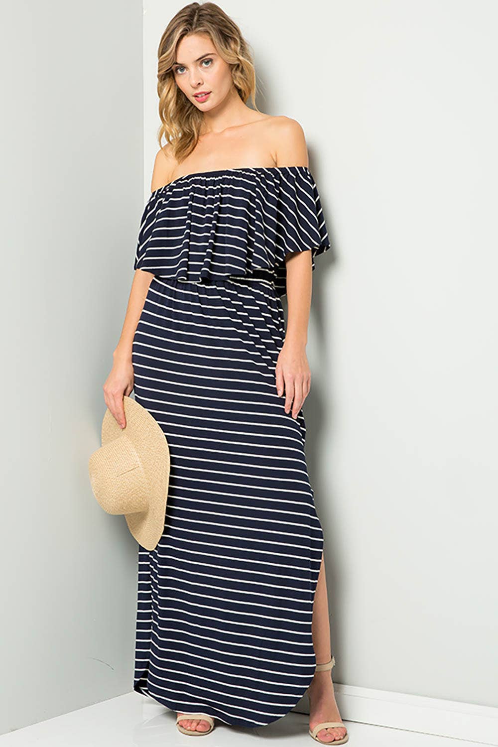 STRIPE OFF SHOULDER MAXI DRESS: BLACK/IVORY