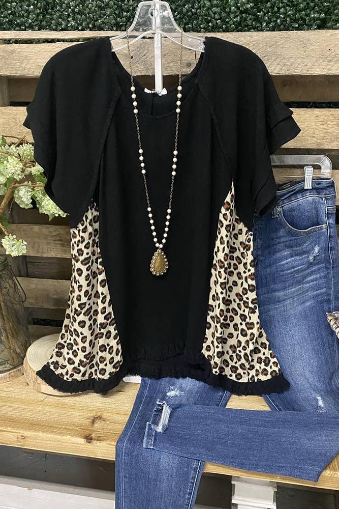 O-neck Short Sleeve Leopard Stitching Top: Black