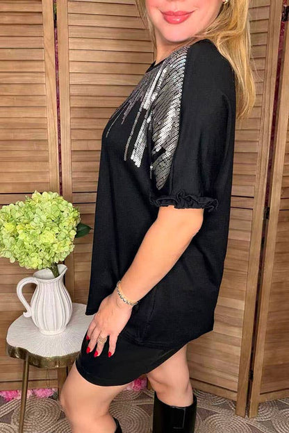 Silver sequin & black short sleeve women top