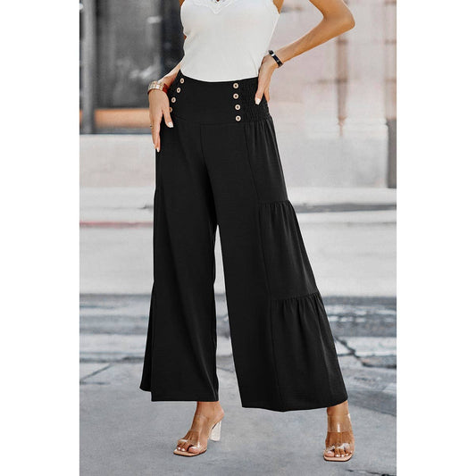 Solid Ruffle Button Wide Leg Pant