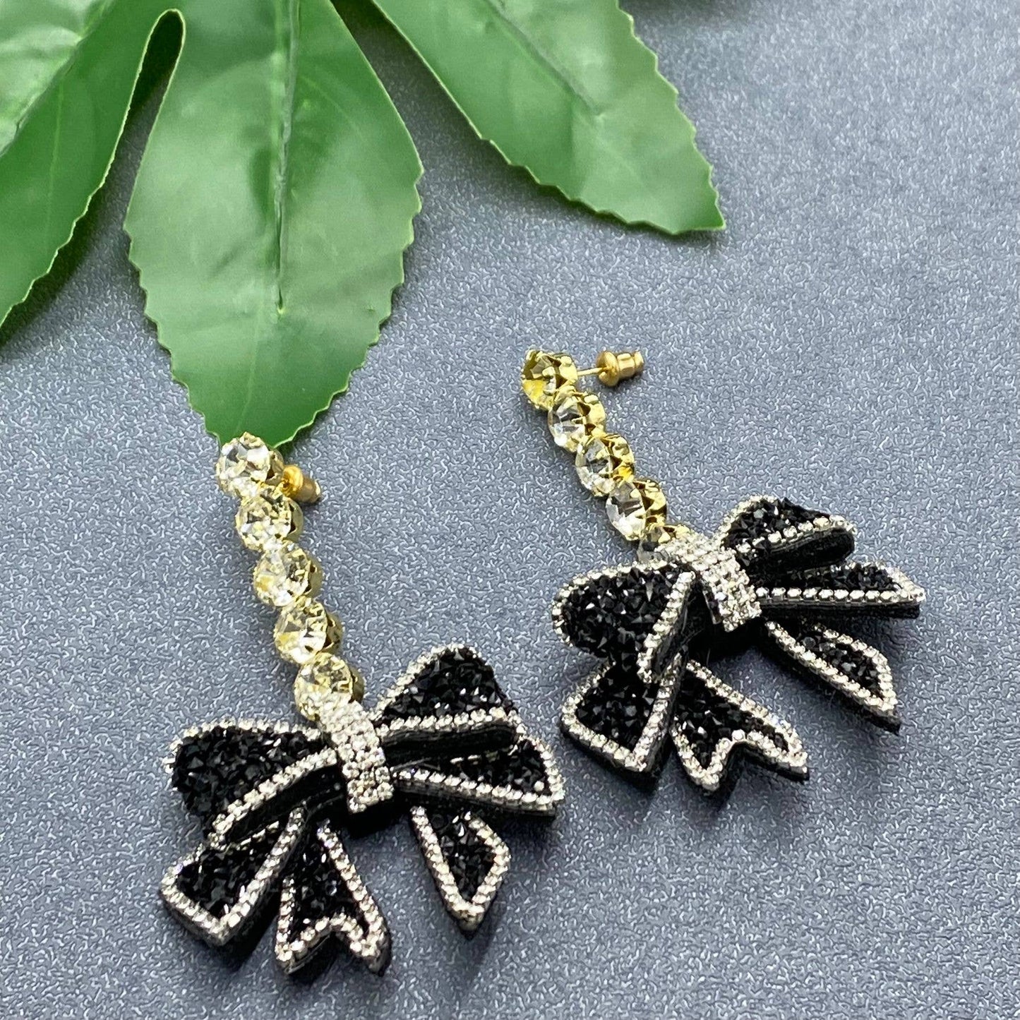 Rhinestone Black Bow Dangle Earrings