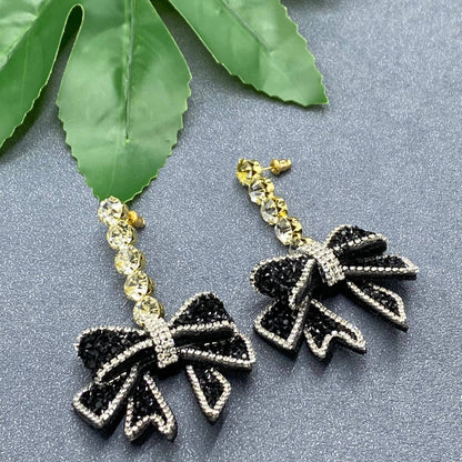 Rhinestone Black Bow Dangle Earrings