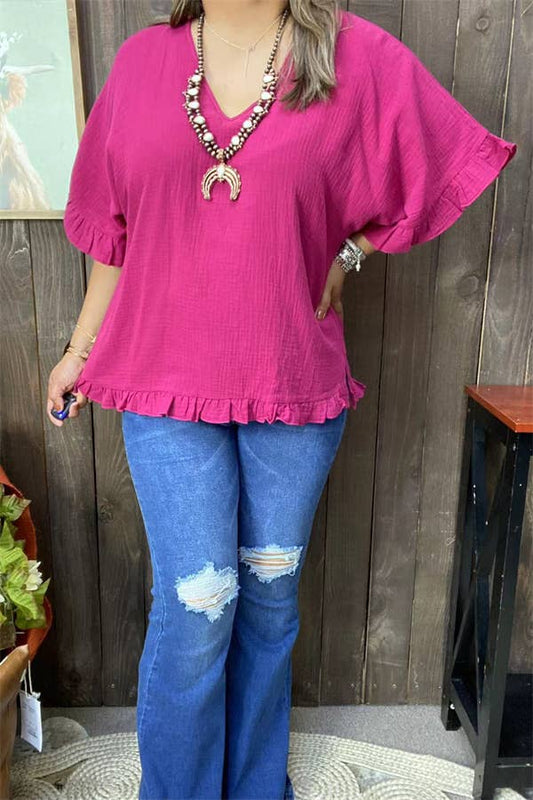 Plum Bell w/ruffle short sleeve blouse