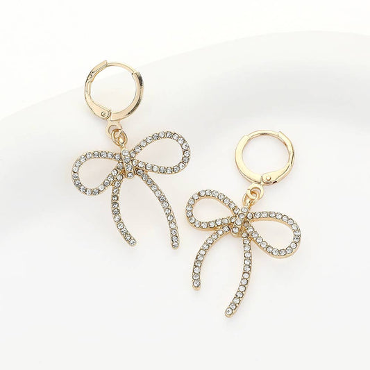 Stone Paved Bow Dangle Huggie Earrings: Yellow Gold