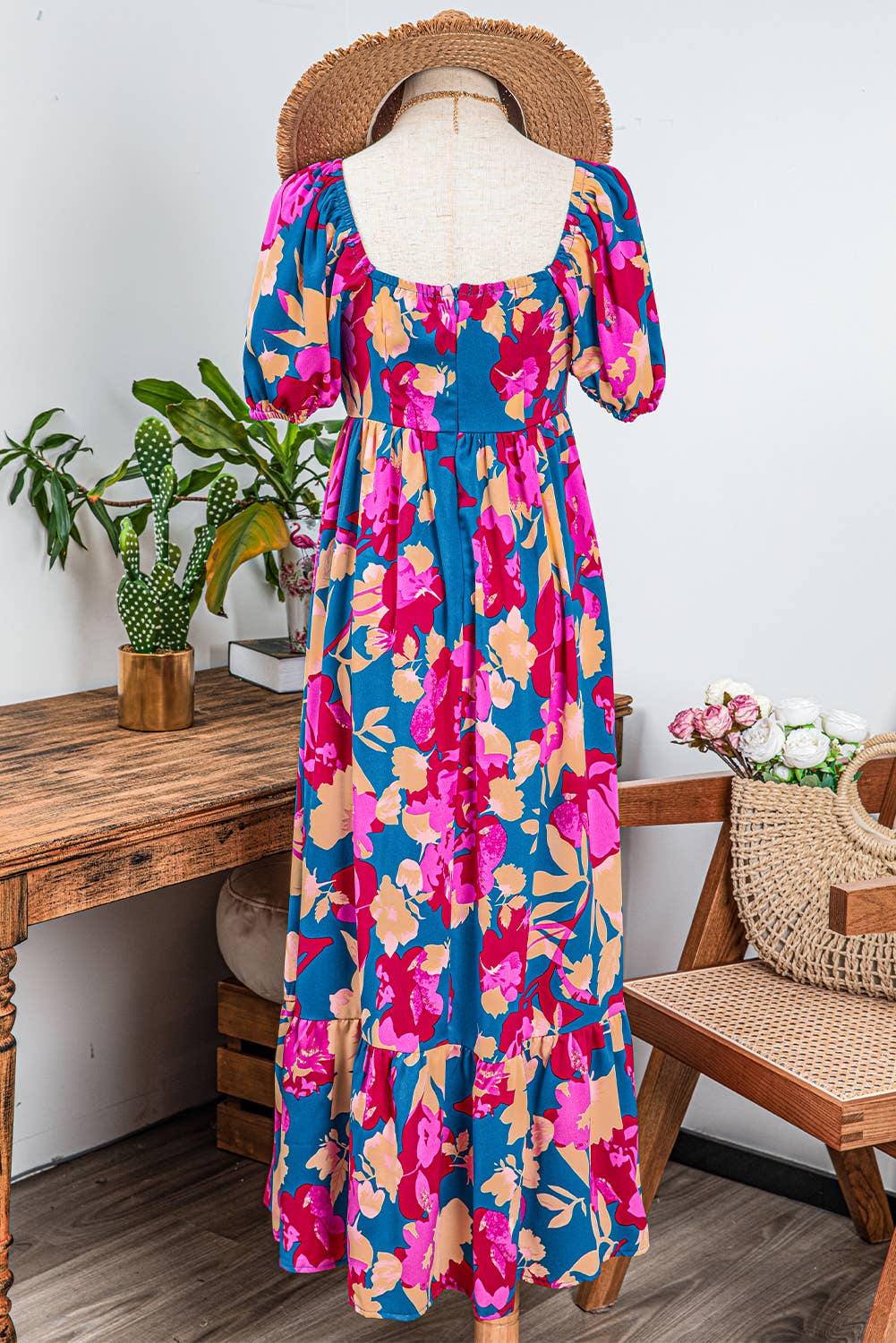 Square Neck Bubble Sleeve Ruffled Floral Dress